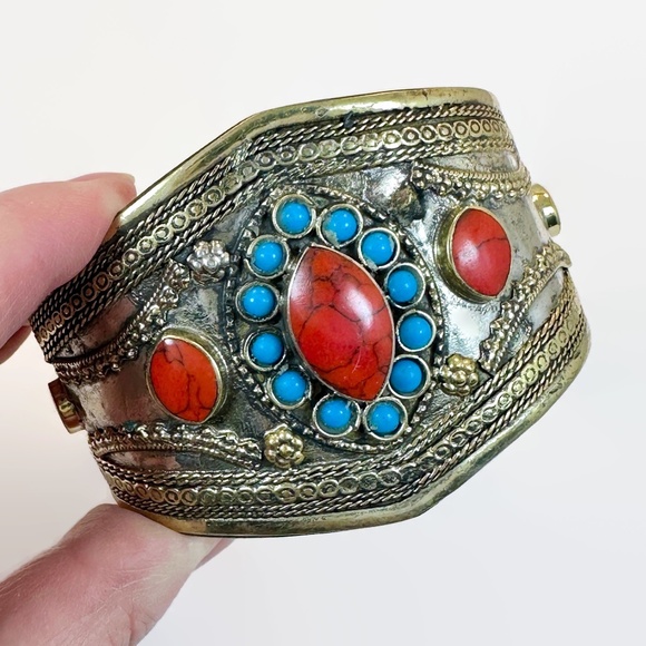 Vintage Afghan Bracelet: Cuff Kuchi Middle Eastern Blue Red Boho #2 - Picture 3 of 6